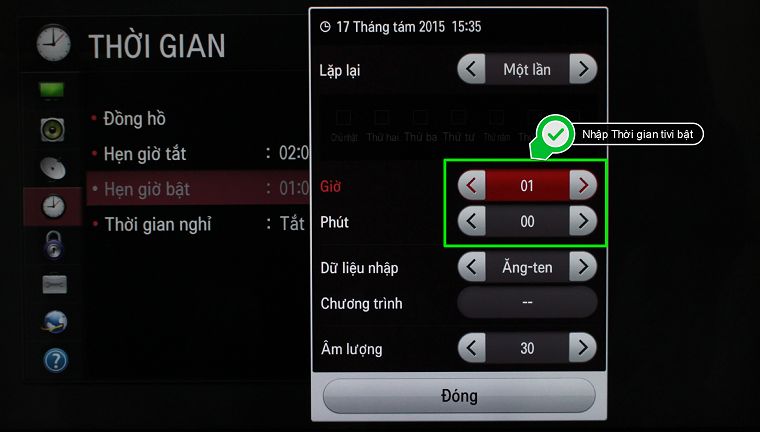 Cách cài đặt thời gian trên Smart TV LG hệ điều hành NetCast > Nhập Thời gian tivi bật