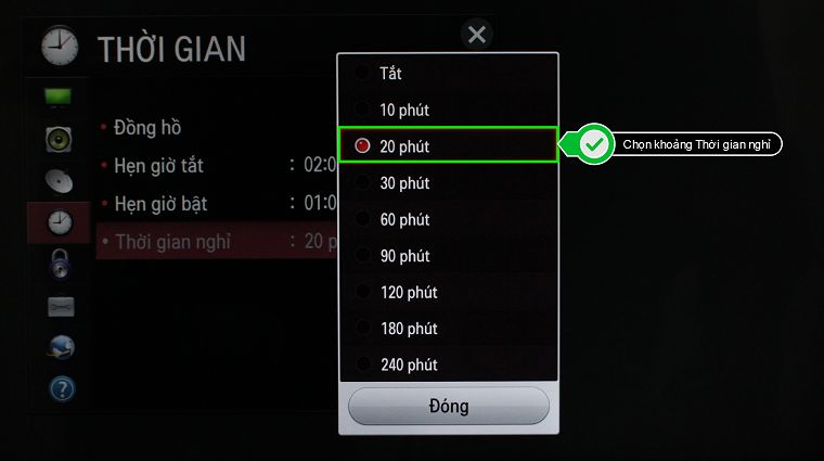 Cách cài đặt thời gian trên Smart TV LG hệ điều hành NetCast > Chọn khoảng Thời gian nghỉ