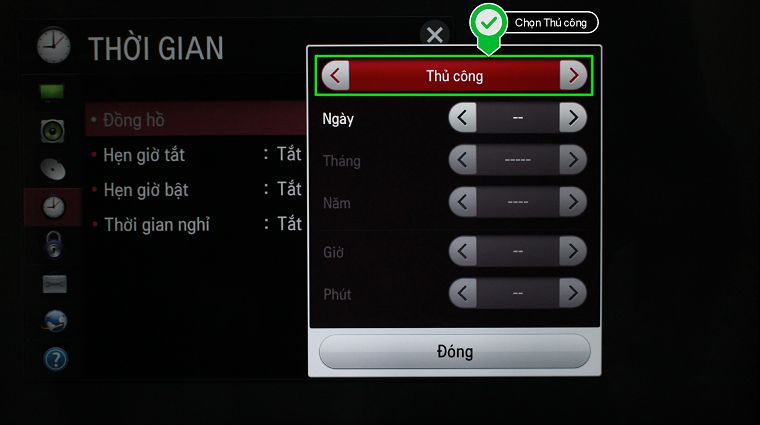 Cách cài đặt thời gian trên Smart TV LG hệ điều hành NetCast > Chọn mục Thủ Công