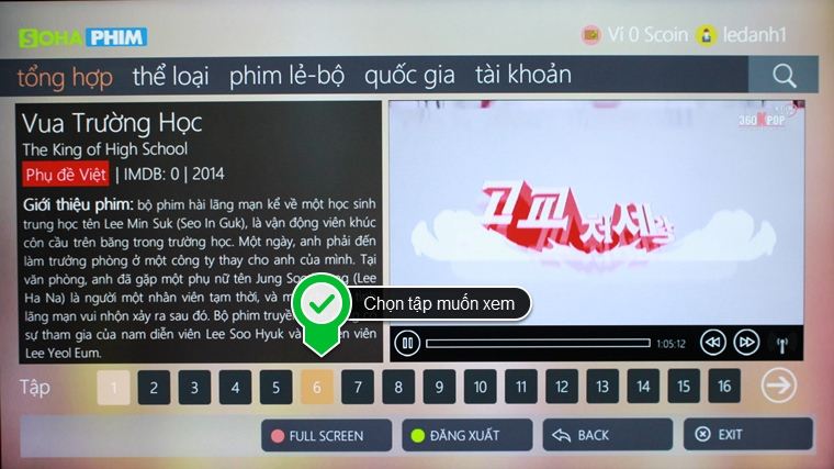 Phim được phát trên tivi, bạn có thể chọn tập để xem (đối với phim bộ)