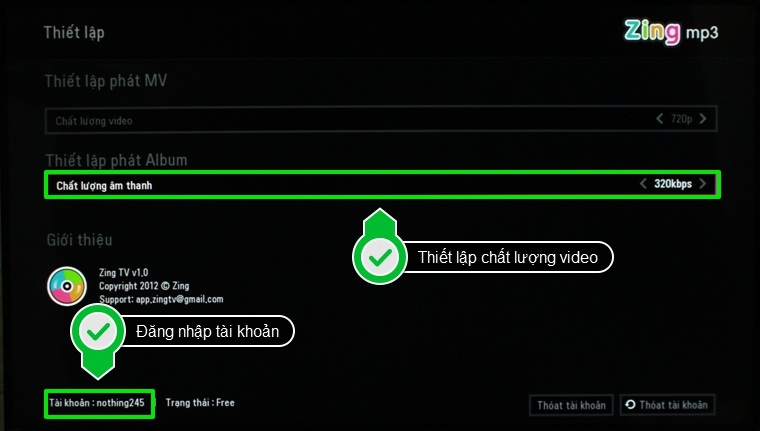 Sau khi đã đăng nhập tài khoản trên tivi, bạn có thể thiết lập chất lượng video và âm thanh