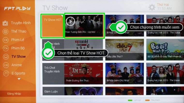 Cách sử dụng ứng dụng FPT Play trên Smart tivi LG hệ điều hành NetCast > Chọn thể loại game show và nhấn vào chương trình muốn xem