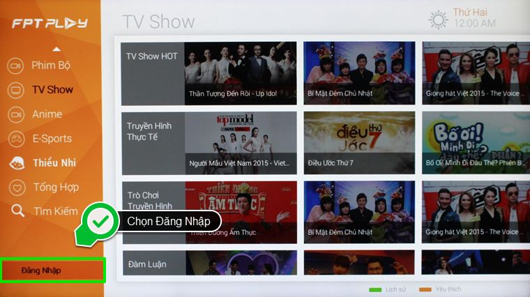 Cách sử dụng ứng dụng FPT Play trên Smart tivi LG hệ điều hành NetCast > Chọn mục Đăng Nhập