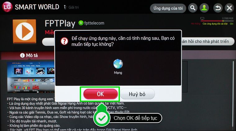 Cách sử dụng ứng dụng FPT Play trên Smart tivi LG hệ điều hành NetCast > Thông báo về việc kết nối mạng
