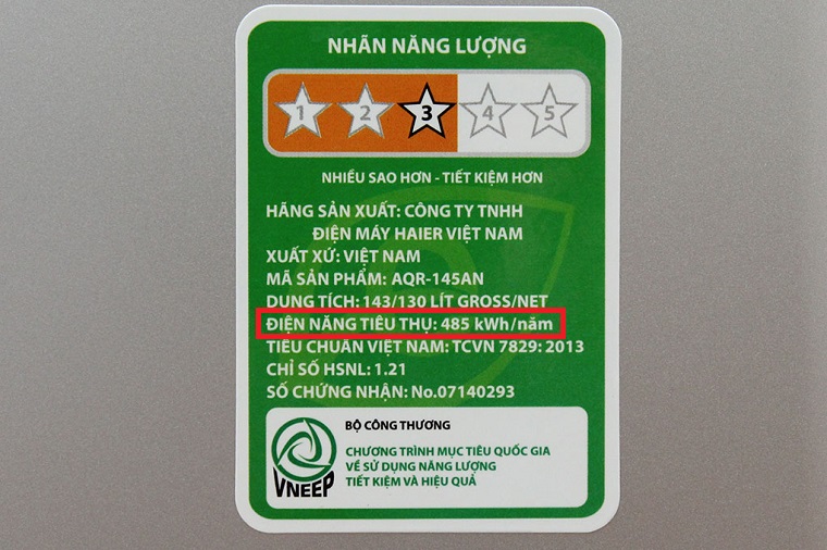 Số điện tiêu thụ trong 1 năm trên nhãn năng lượng của tủ lạnh