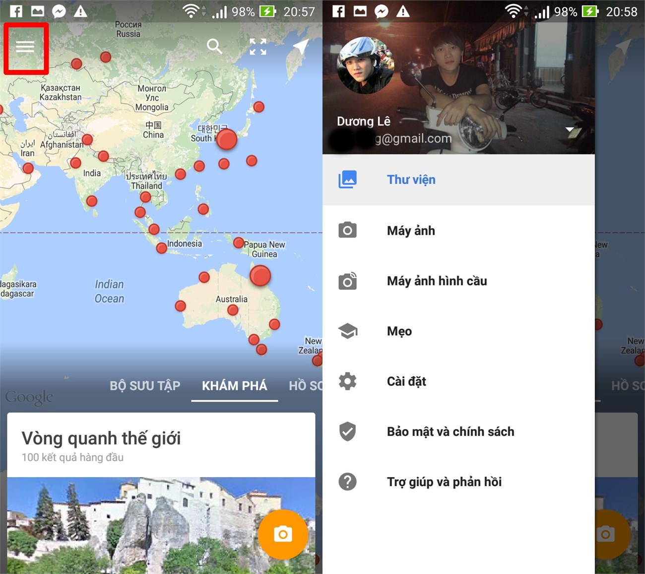 Giao diện chính của ứng dụng Google Street View trên Android Giao diện chính của ứng dụng Google Street View trên Android