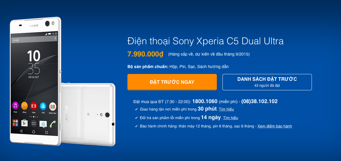 Xperia C5 Dual Ultra được chào bán ở Thegioididong