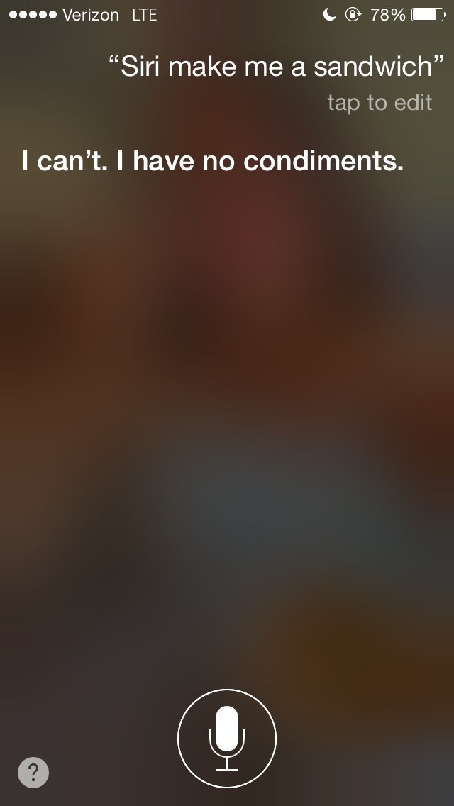 Siri, hãy làm cho tôi một cái bánh sandwich nhé! Siri, hãy làm cho tôi một cái bánh sandwich nhé!