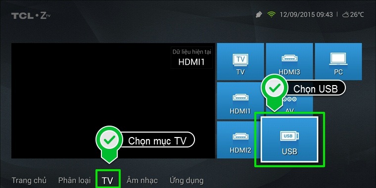Nhấn chọn biểu tượng USB trên mục TV