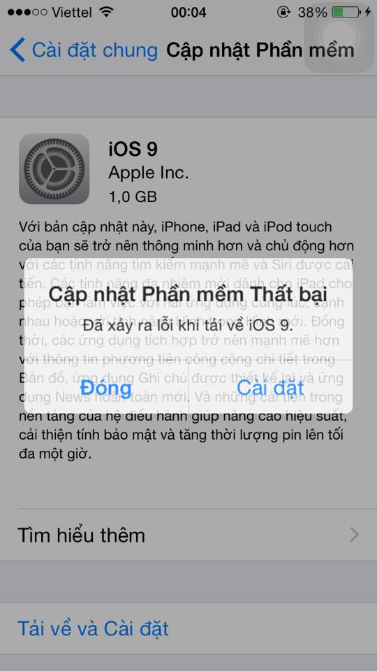 Lỗi không cập nhật được iOS 9