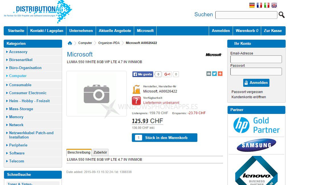 Lumia 550 đã được đăng bán ở một số trang web