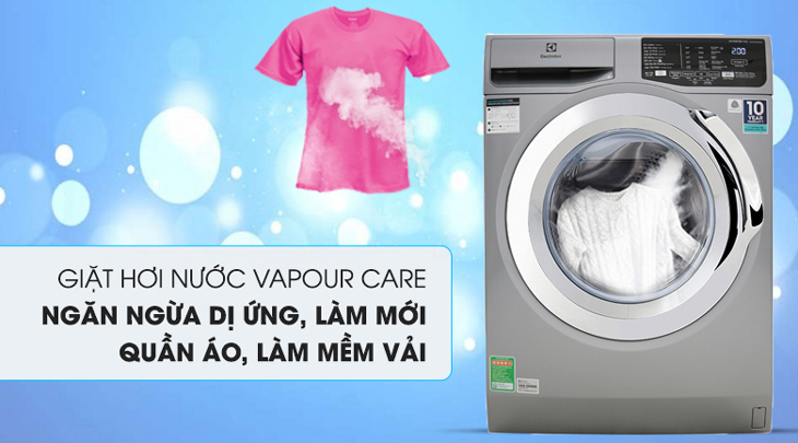 Máy giặt Electrolux Inverter 9 Kg EWF9025BQSA được trang bị công nghệ giặt hơi nước Vapour Care diệt khuẩn, chống nhăn cho quần áo.