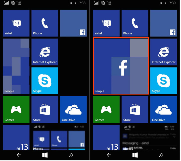 Giao diện Windows 10 Mobile với ô Large Tile (bên phải)