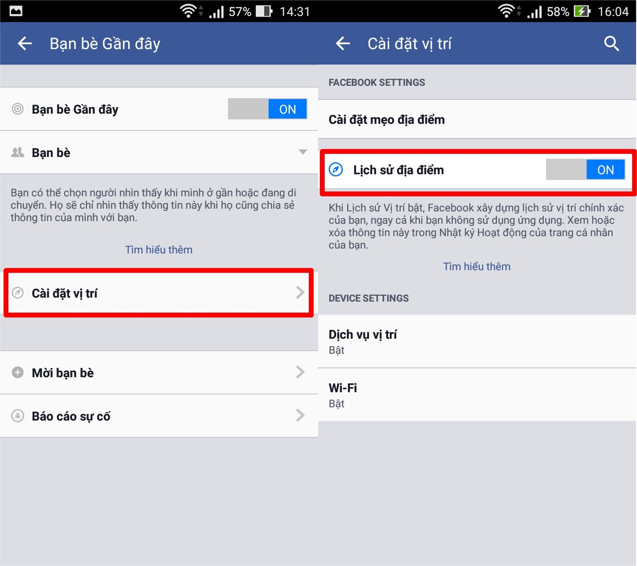Bật hoặc tắt Lịch sử vị trí Bật hoặc tắt Lịch sử vị trí