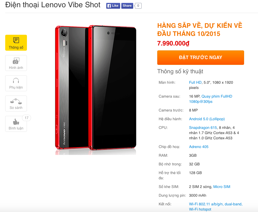 Lenovo Vibe Shot lên kệ Thegioididong