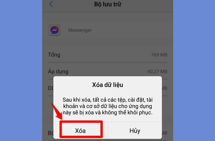 Nhấn chọn nút Xóa để tiến hành đăng xuất Messenger