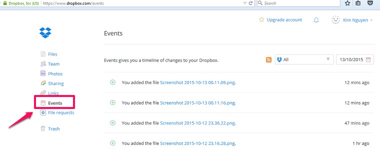 Một số mẹo giúp sử dụng Dropbox hiệu quả > Theo dõi những hoat động đã thao tác trên Dropbox
