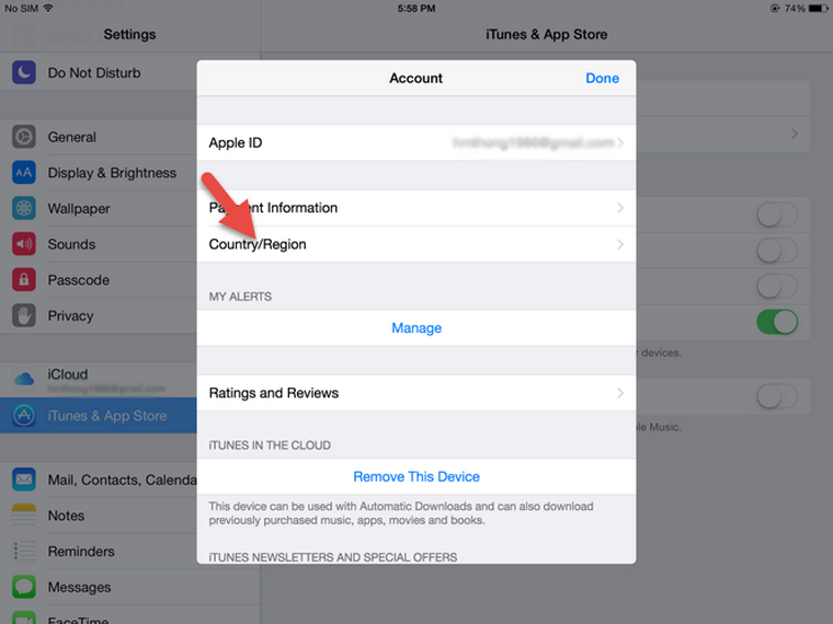 Xuất hiện cửa sổ Account Settings, tại đây hãy tìm đến Country/Region