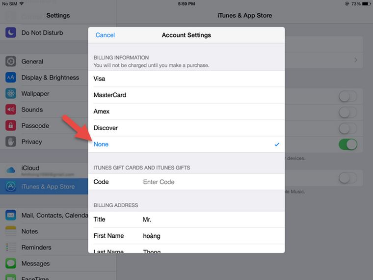 Nếu không muốn sử dụng các tài khoản thanh toán để mua ứng dụng, game trên App Store, hãy chọn vào None