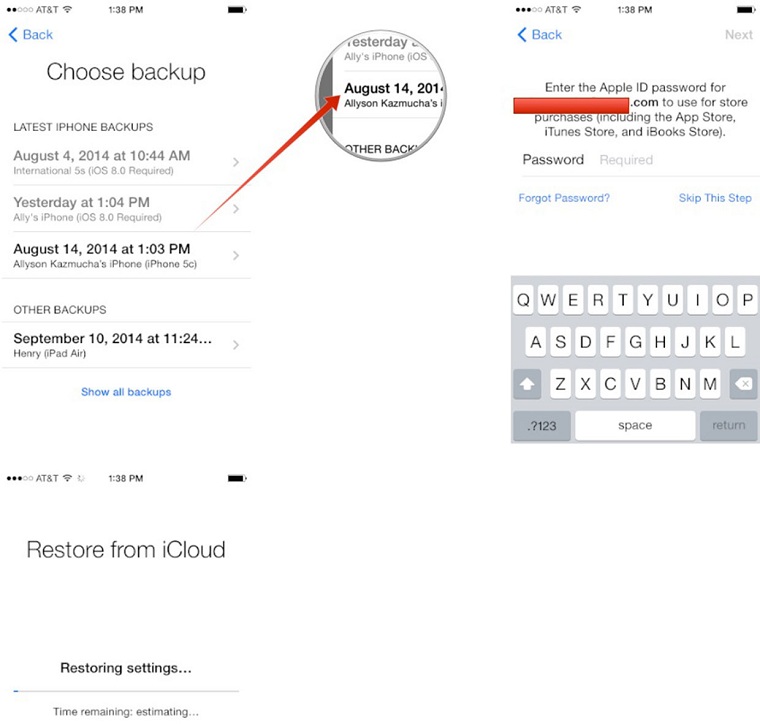 Chọn bản dự phòng iCloud mà người dùng muốn tải về (trong trường hợp người dùng có nhiều bản sao lưu iCloud)