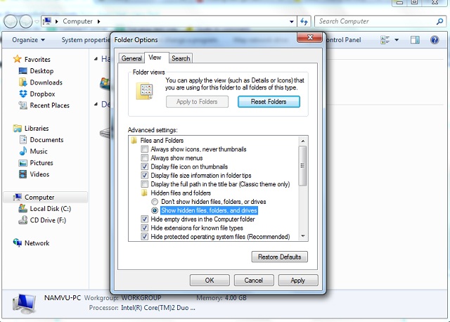 Sau đó chọn qua thanh View, rồi chọn dòng Show hidden files, folders, and drives là xong.