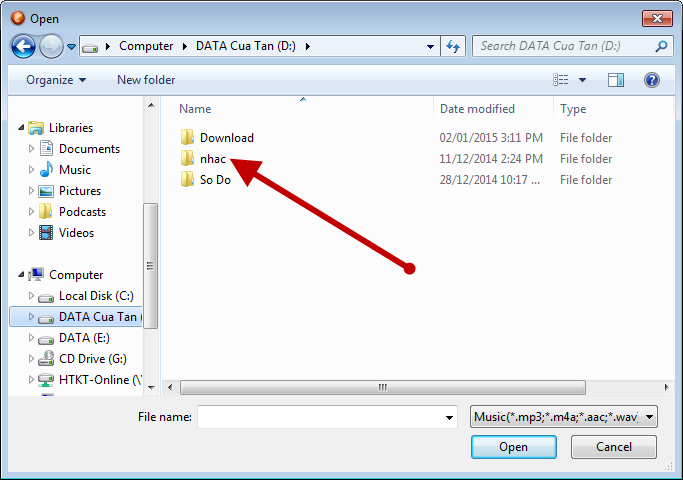 Bạn chọn đường dẫn thư mục chứa bài hát trên máy tính