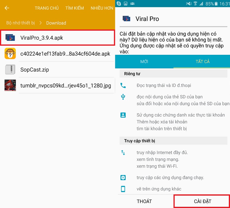 cài đặt ứng dụng