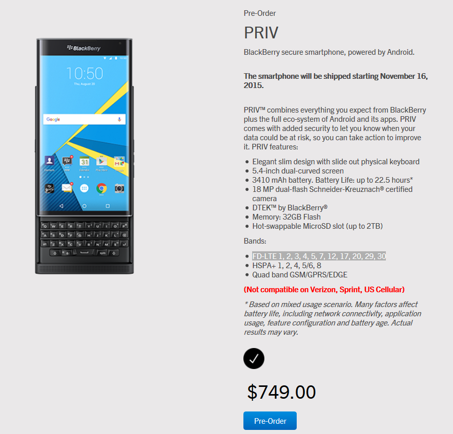 BlackBerry Priv có giá bán là 749 USD BlackBerry Priv có giá bán là 749 USD