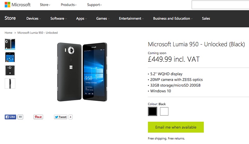 giá mới của lumia 950 tại Anh