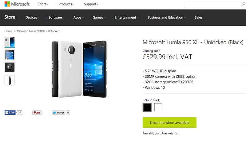 giá mới của lumia 950 XL tại Anh