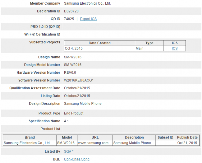SM-W2016 đạt chứng nhận Bluetooth SIG SM-W2016 đạt chứng nhận Bluetooth SIG