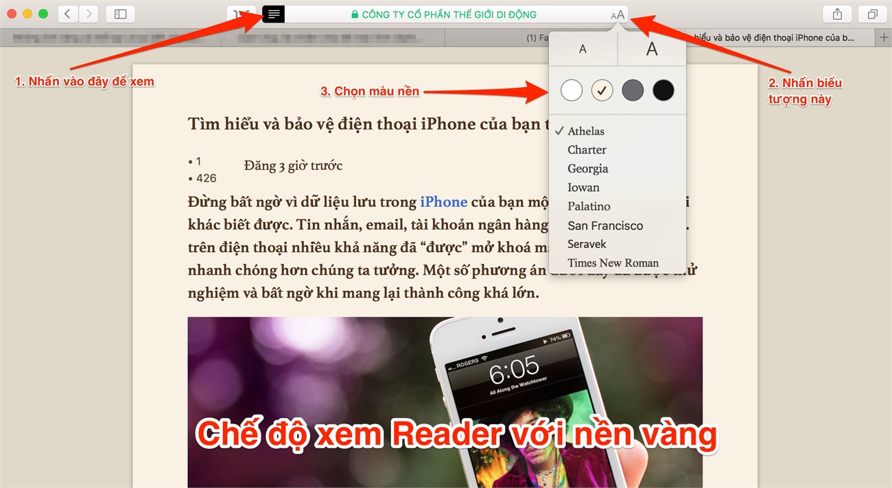 Tuỳ chỉnh Safari Reader: Nền thêm màu vàng Tuỳ chỉnh Safari Reader: Nền thêm màu vàng