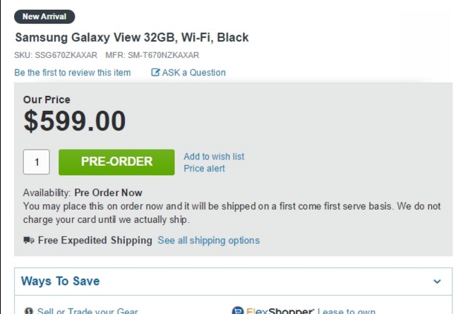 giá bán Galaxy View được niêm yết