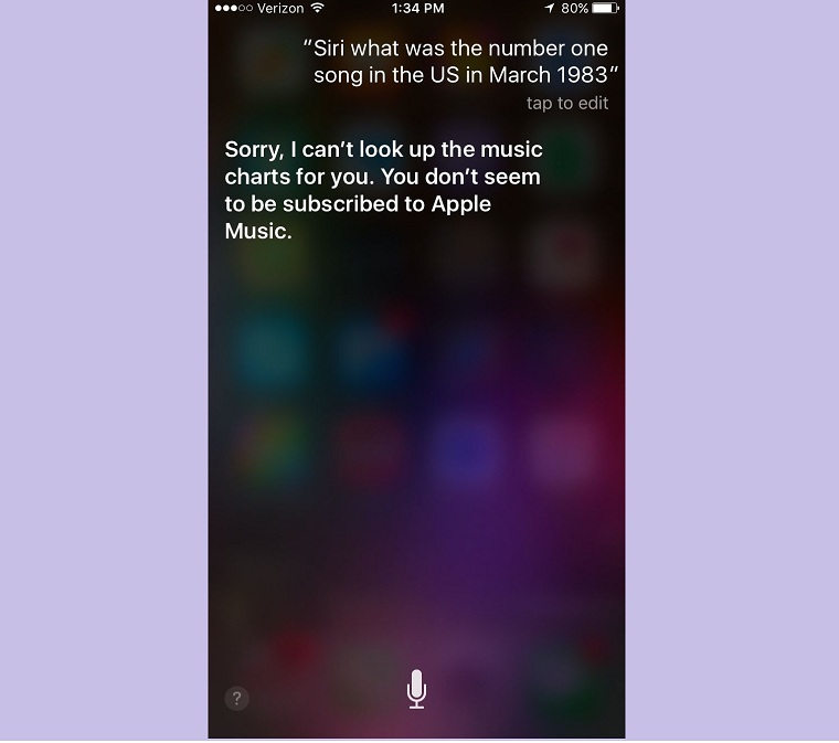 Không đăng ký Apple Music, Siri sẽ không trả lời các câu hỏi về âm nhạc > Siri từ chối câu hỏi từ người dùng