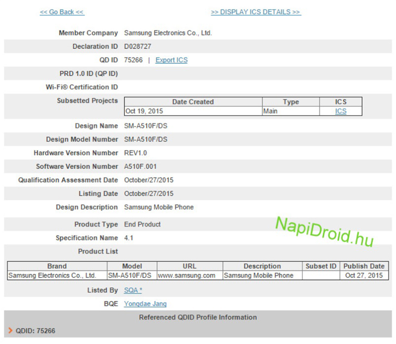 Galaxy A5 thế hệ mới nhận chứng chỉ Bluetooth Galaxy A5 thế hệ mới nhận chứng chỉ Bluetooth