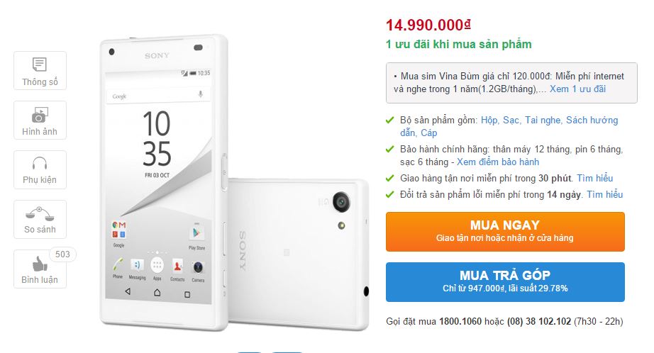 Xperia Z5 Compact có giá bán 14,99 triệu đồng