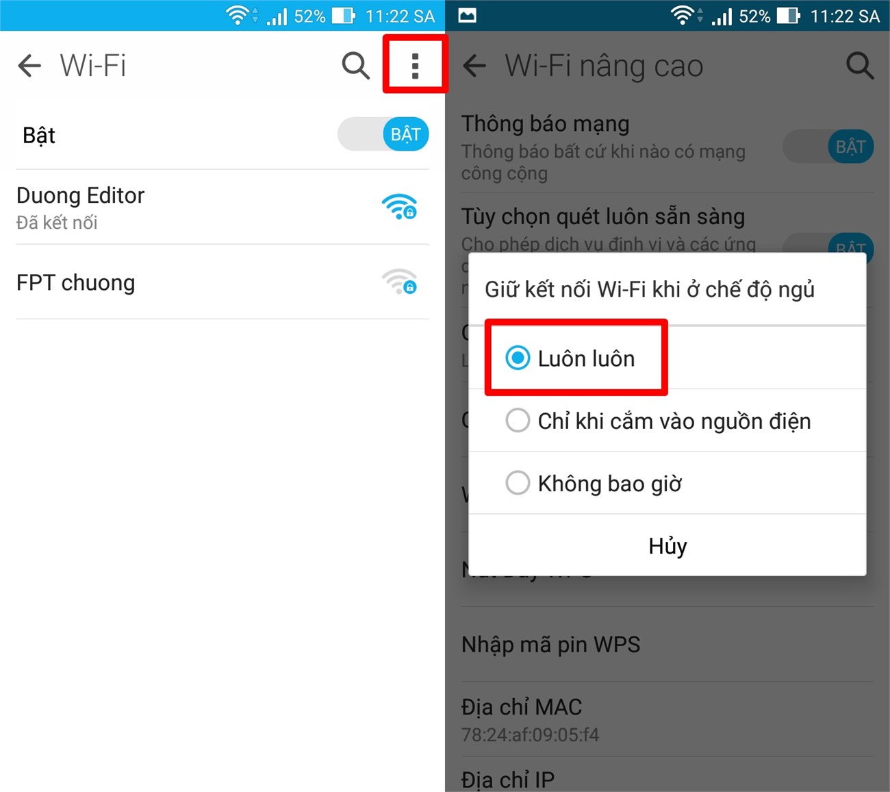 Duy trì kết nối Wifi Duy trì kết nối Wifi