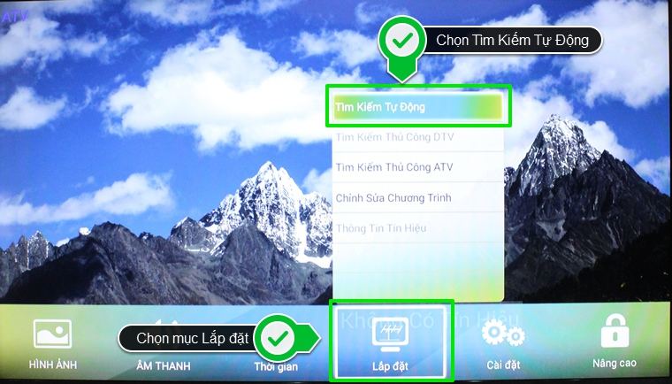 Cách dò kênh trên Smart tivi Skyworth > Chọn mục Lắp đặt và chọn Tìm Kiếm Tự Động