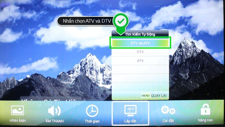 Cách dò kênh trên Smart tivi Skyworth > Nhấn chọn ATV và DTV