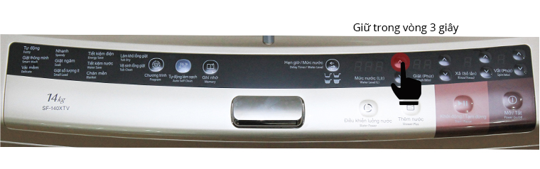 Hướng dẫn sử dụng bảng điều khiển máy giặt Hitachi – 140XTV > Nhấn và giữ nút lên của Nút mức nước trong vòng 3 giây