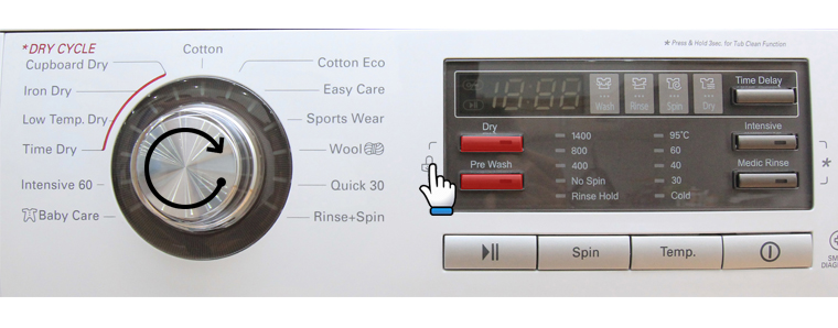 Nhấn nút Dry và Pre Wash