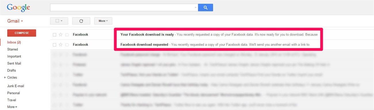 Facebook gửi email dữ liệu để bạn tải về máy