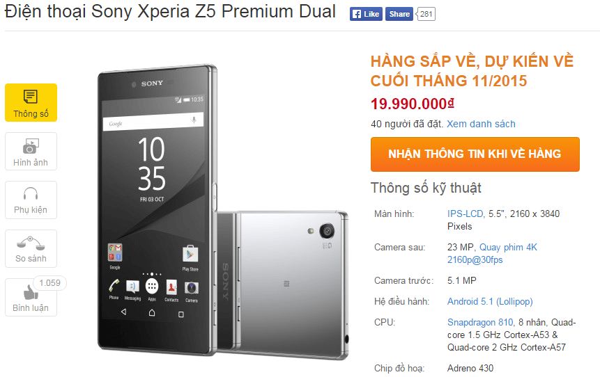 Xperia Z5 Premium có giá 19,99 triệu đồng Xperia Z5 Premium có giá 19,99 triệu đồng