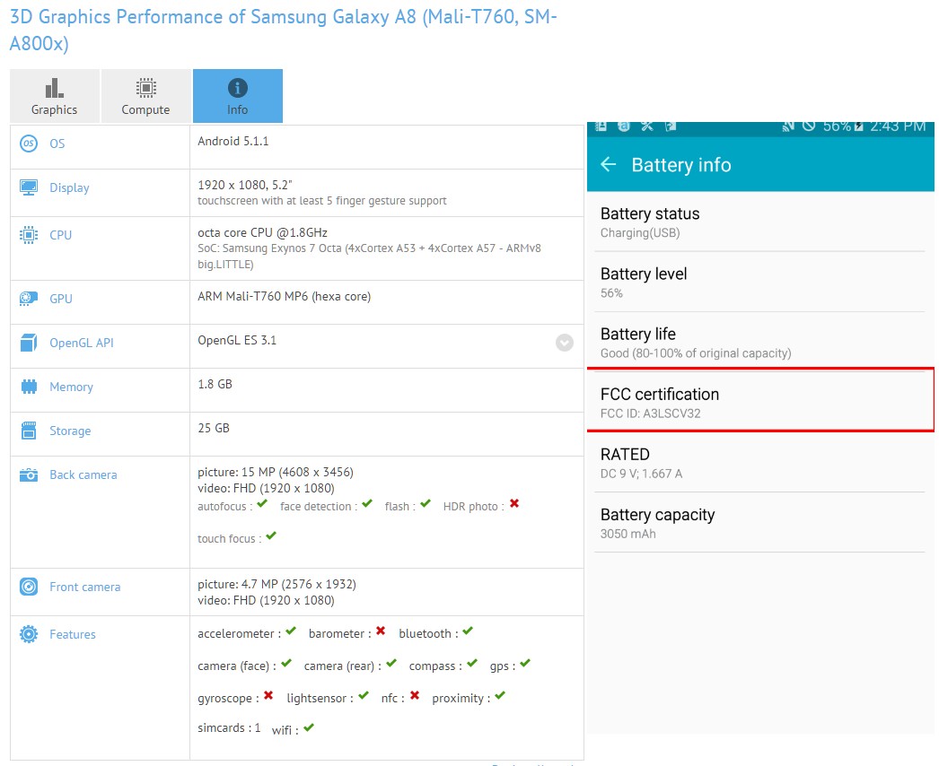 Ảnh chụp màn hình Galaxy A8 2016 và trên GFXBench