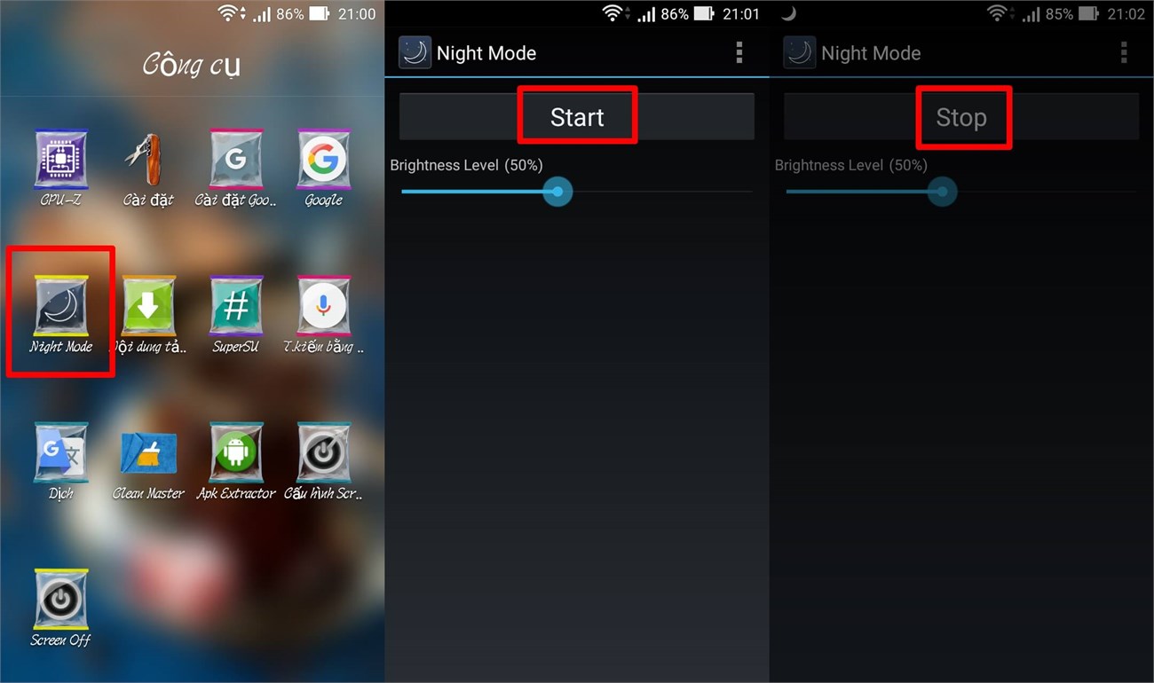 Giao diện của Night Mode rất đơn giản và dùng