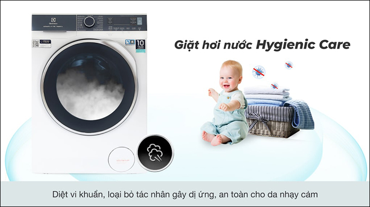 Có nên mua máy giặt sấy không? > Máy giặt sấy có công nghệ giặt hơi nước an toàn và diệt khuẩn tốt
