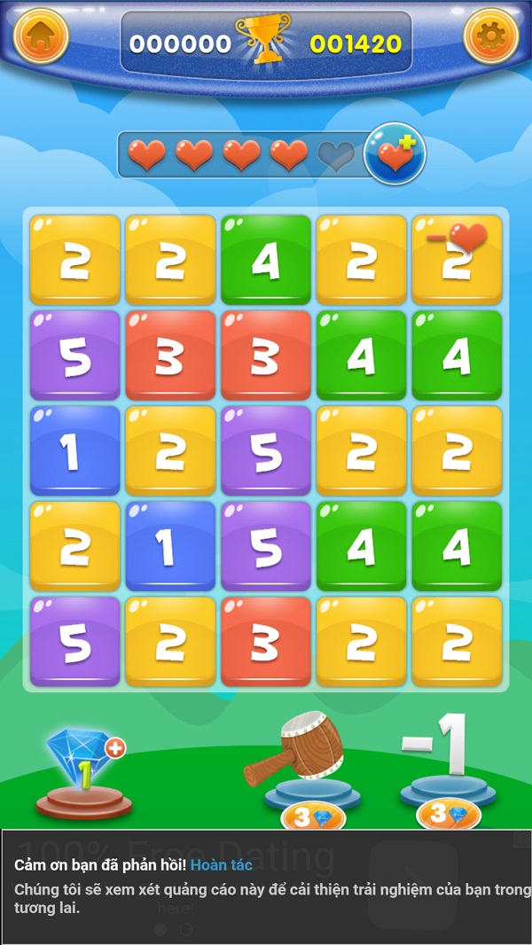 Mỗi lượt Tap, bạn sẽ được cộng một điểm, nếu không ghép ô được, bạn sẽ bị trừ một trái tim