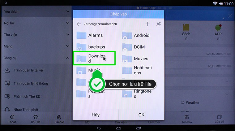 Cách sử dụng điện thoại, máy tính bảng cài đặt ứng dụng lên Smart tivi Toshiba > Chọn nơi lưu trữ file cài đặt (ở đây Điện máy XANH chọn mục Dowload)