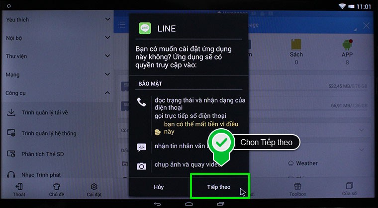 Cách sử dụng điện thoại, máy tính bảng cài đặt ứng dụng lên Smart tivi Toshiba > Chọn Tiếp theo….