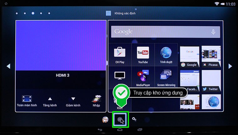 Cách sử dụng điện thoại, máy tính bảng cài đặt ứng dụng lên Smart tivi Toshiba > Chọn vào kho ứng dụng